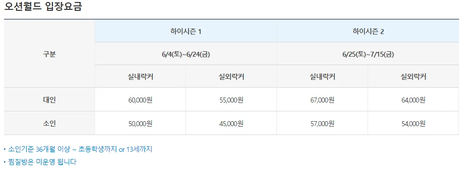 비발디 오션월드 입장권 기본 요금