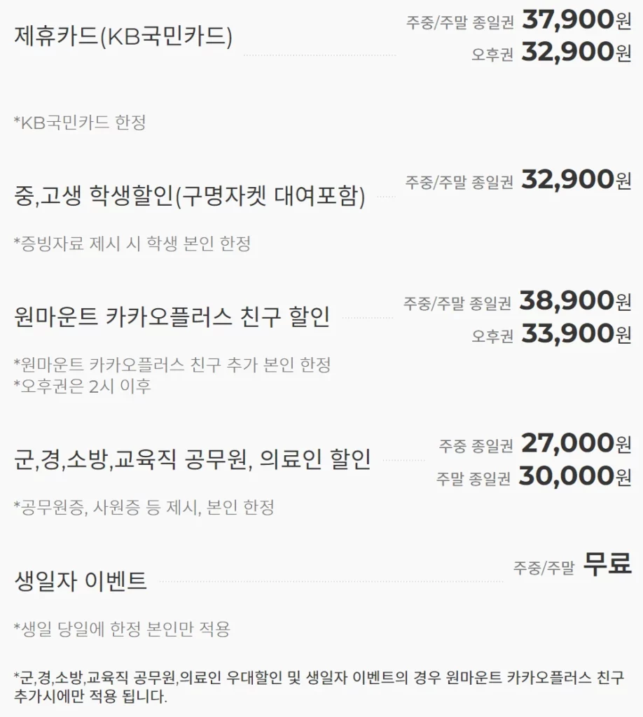 일산 원마운트 워터파크 제휴카드 및 기타 할인 정보
