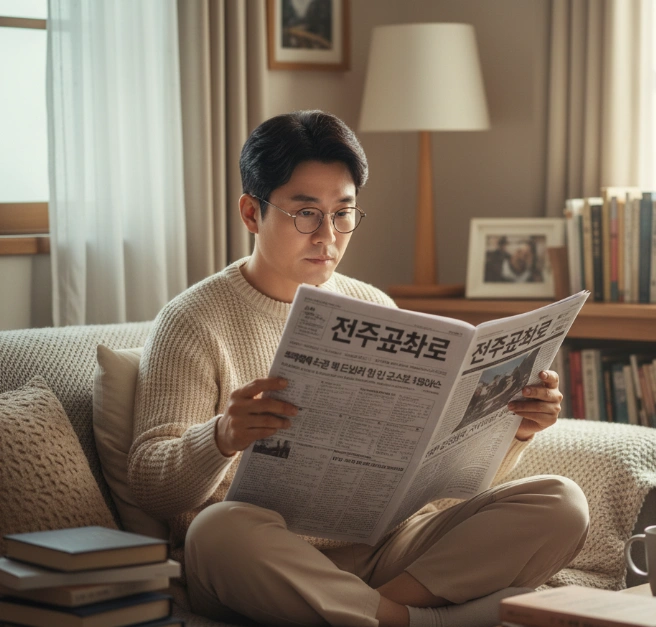 거실 쇼파에서 원주교차로를 보고 있는 40대 남성