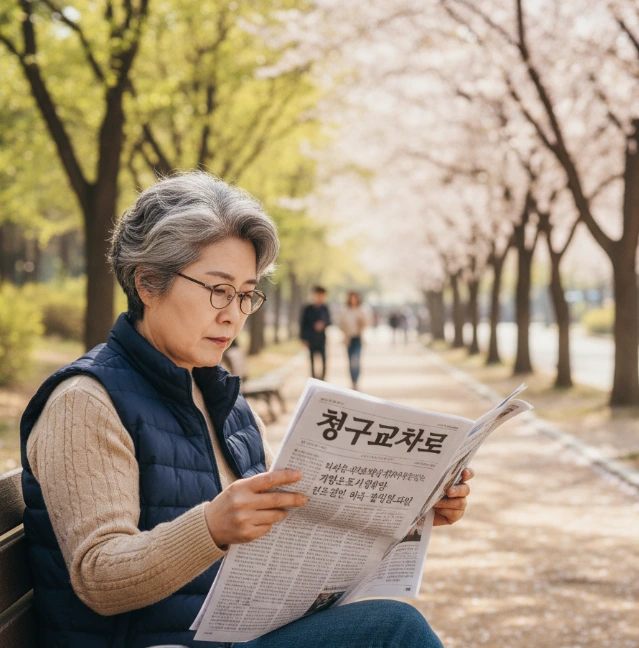 공원벤치에서 청주교차로 구인구직 정보를 확인하고 있는 60대 여성