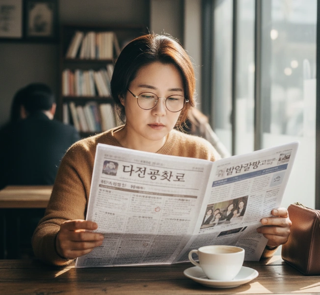 대전교차로 신문 그대로 보는 중인 50대 여성