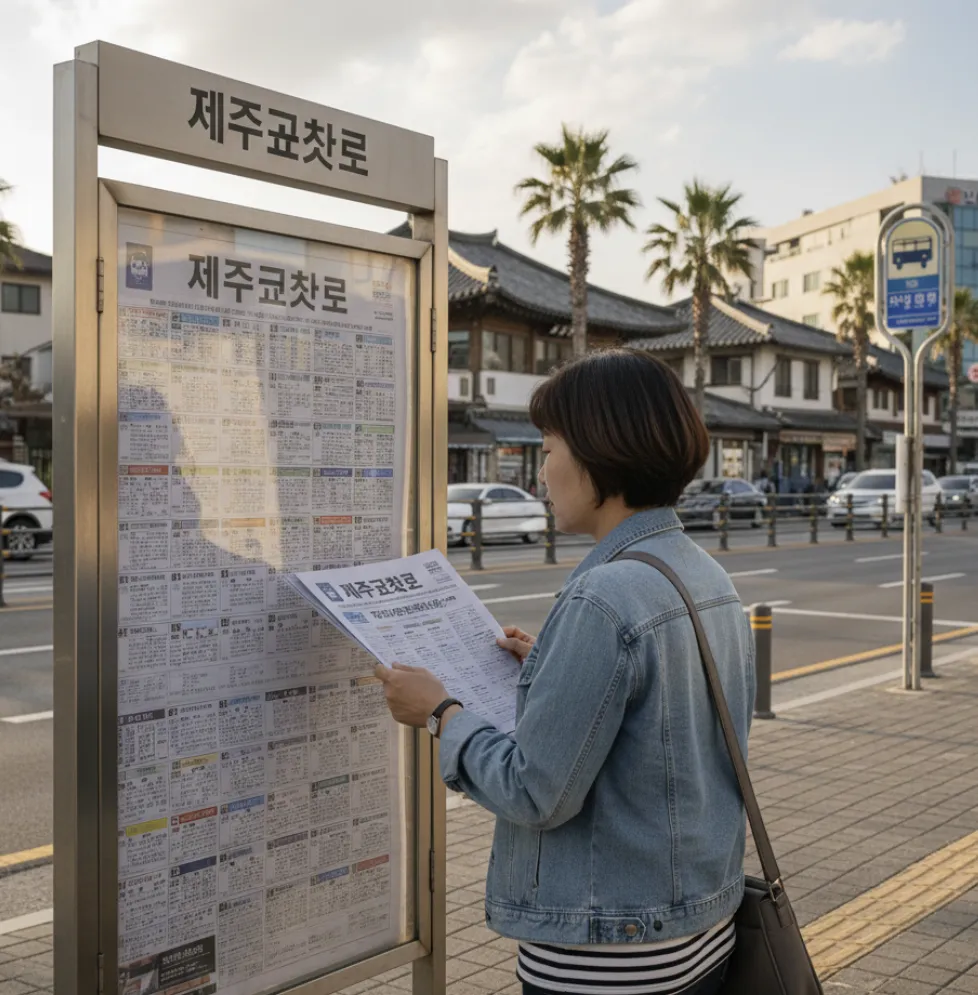 버스정류장 인근에서 제주교차로 게시판과 신문을 보고 있는 중년 여성