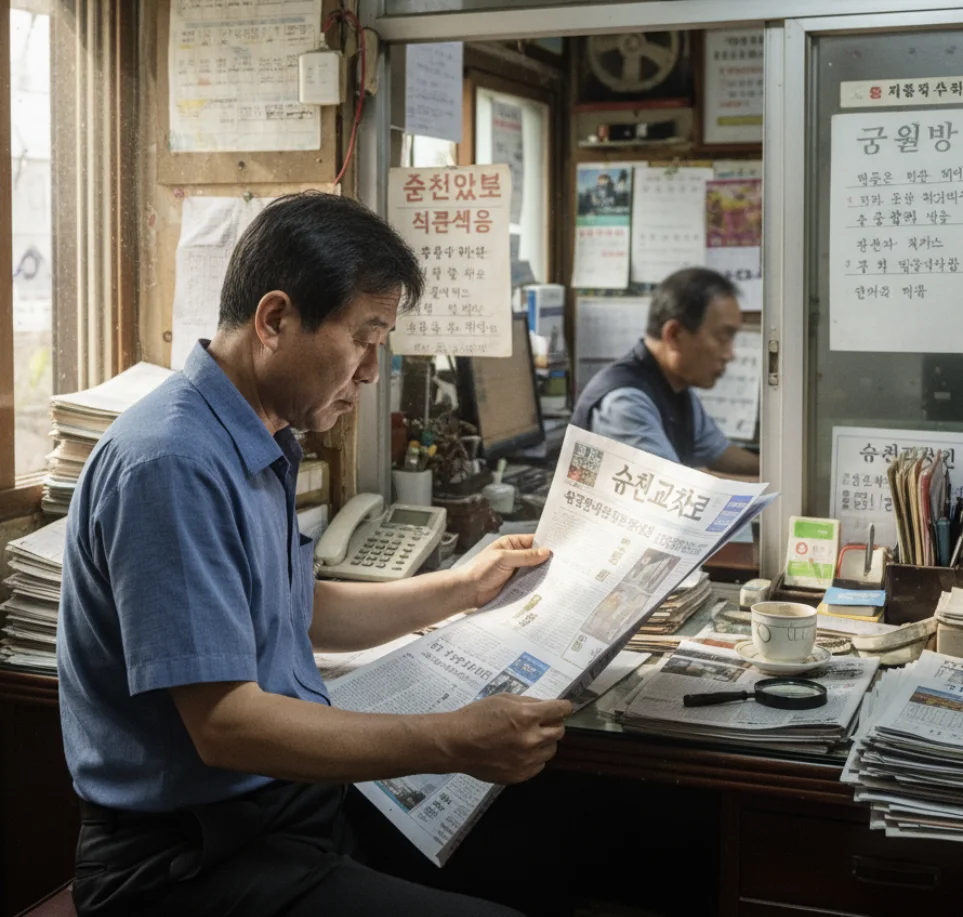 복덕방에서 순천교차로 부동산 매물 정보를 보고 있는 예비 세입자