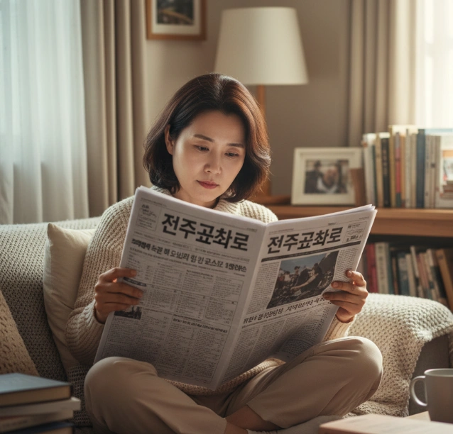 쇼파에 앉아 전주교차로를 보고 있는 40대 여성