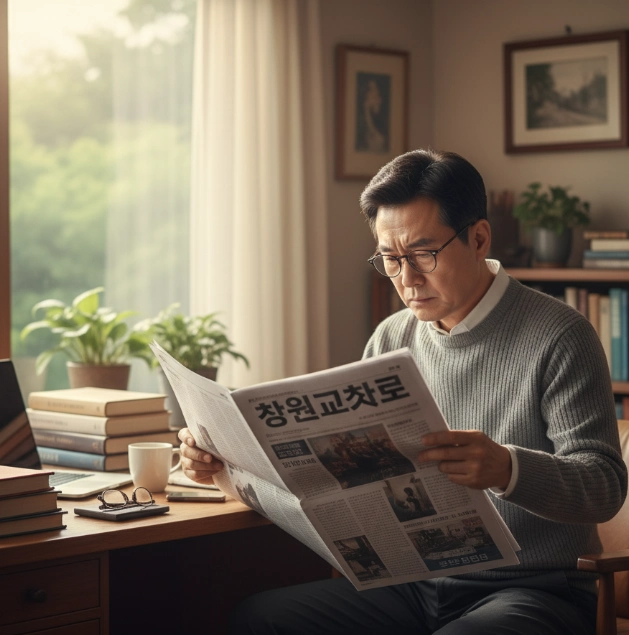 책상 앞에 앉아 창원교차로 부동산 파트를 보고 있는 50대 남자