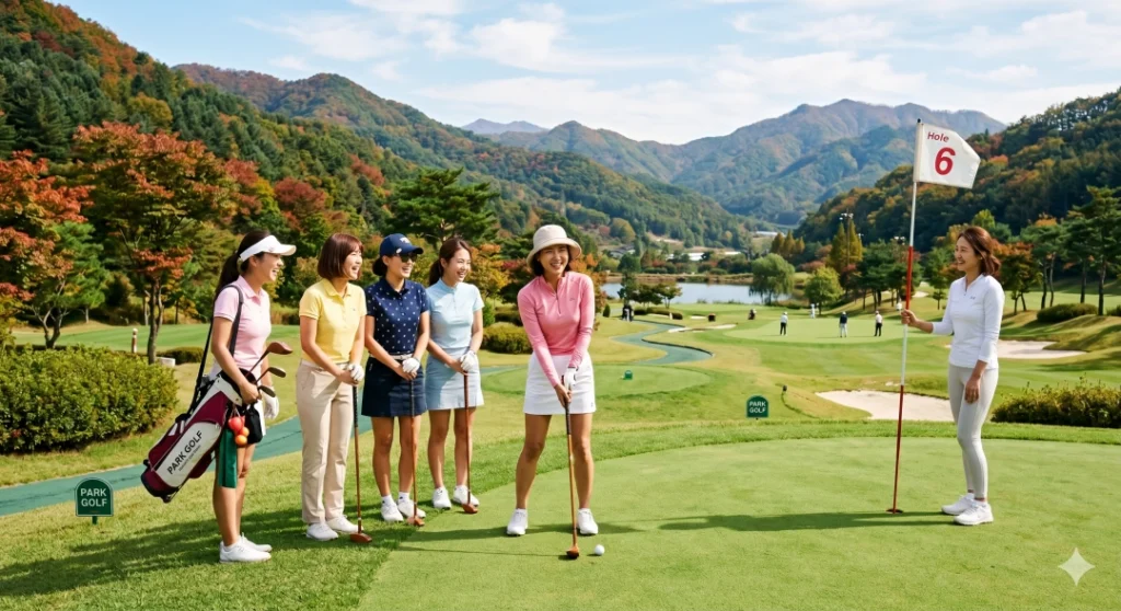고령 파크골프장에서 게임을 즐기고 있는 사람들 (ai제작) (1)