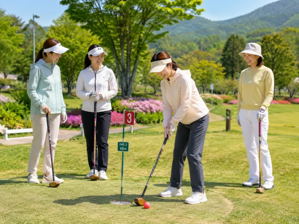 고령 파크골프장에서 게임을 즐기고 있는 사람들 (ai제작) (2)